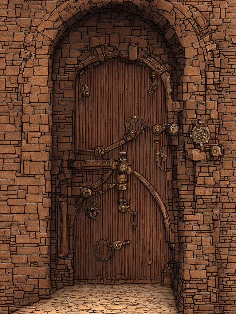 Prompt: HD digital art detailed steampunk castle door with brick pathway by James Gurney, cgsociety, artstation