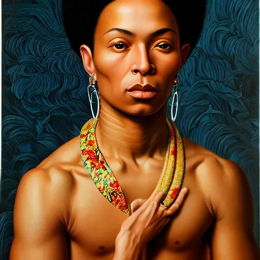 Prompt: A portrait of a thin trendy and gorgeous non-binary person, light skin tone, Maori people, oil painting by Kehinde Wiley, majestic, detailed, high resolution