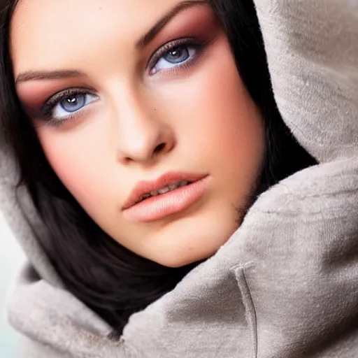 Prompt: raven haired seductive supermodel with stunning light eyes with a beautiful face, fair soft skin, wearing a hoodie