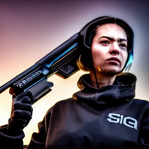 Image similar to photographic portrait of a techwear woman holding a shotgun, closeup, on the rooftop of a futuristic city at night, sigma 85mm f/1.4, 4k, depth of field, high resolution, 4k, 8k, hd, full color, Die Hard, movies with guns, movie firearms