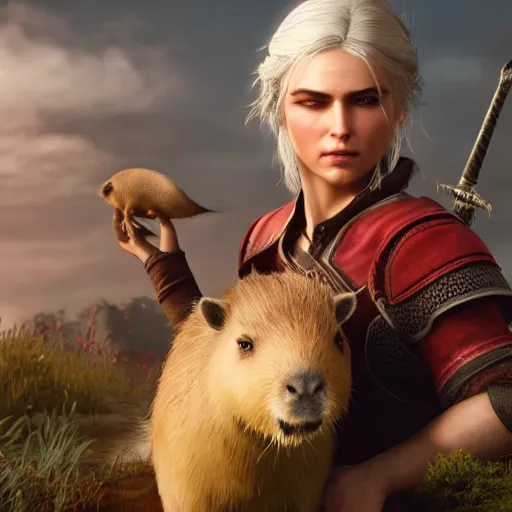 Prompt: ciri holdin a capybara, witcher 3 d render, video game art, octane render, 4 k