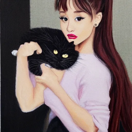 Image similar to ariana grande holding an extremely annoyed, hissing cat, painting by 奈 良 美 智