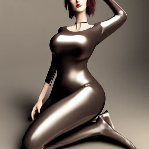 Image similar to feminine hot pale goth woman with tight curvy shiny outfit, photorealistic, sublime, relaxed posture, laying down, 16k, smooth, sharp focus, cgsociety, ArtStation, volumetric lighting