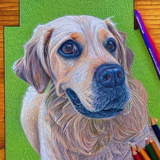 Image similar to Colored pencil art on paper, Dog playing in park, highly detailed, artstation, MasterPiece, Award-Winning, Caran d'Ache Luminance