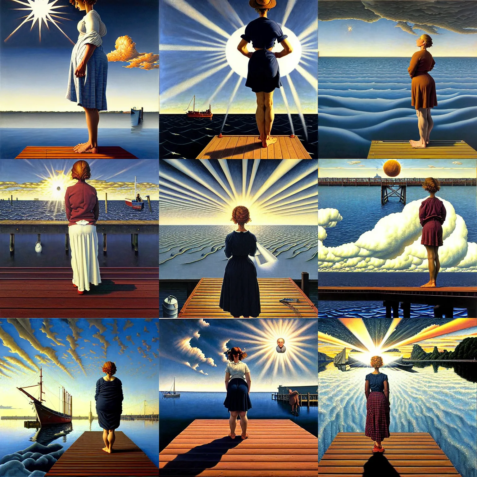 Prompt: a woman standing on a dock by rob gonsalves and brom and norman rockwell and lucian freud, hyperrealism, precisionism, surrealism, chiaroscuro, sunburst behind woman, highly detailed
