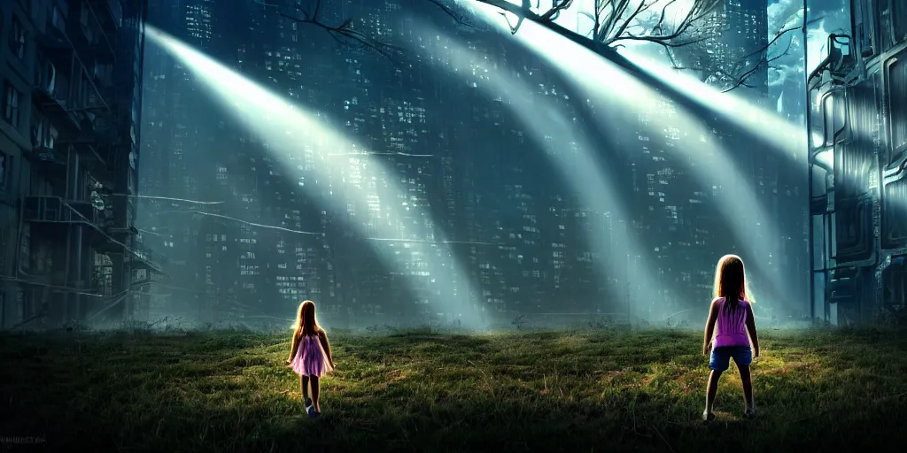 Image similar to sci - fi scene future new york city, little girl by herself in abandoned manhattan holding onto the outstretched hand of a giant robot, forest punk, little girl meets robot, crepuscular rays, epic scene, hyper realistic, photo realistic, overgrowth, cinematic atmosphere, ethereal lighting,