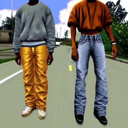 Image similar to full body shot of Kanye West and Travis Scott in GTA San Andreas, PlayStation 2 graphics, low quality 3D model