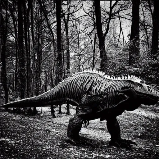 Image similar to “a Tyrannosaurus rex walking through a prehistoric forest”