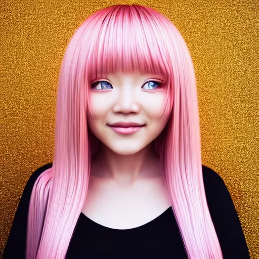 Image similar to beautiful hyperrealism selfie of nikki from shining nikki, a cute 3 d young woman smiling sofly, long light pink hair and full bangs, flushed face, small heart - shaped face, amber eyes, chinese heritage, golden hour, 8 k, instagram