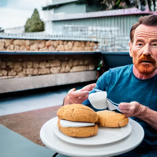 Image similar to bryan cranston eating pan dulce, ( sony a 7 r iv, symmetric balance, polarizing filter, photolab, lightroom, 4 k, dolby vision, photography awardm, voque, perfect face )