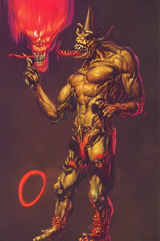Image similar to An anthropomorphic demon smoking a cigar in a cyberpunk setting, by Frank Frazetta, 1980s synthwave color palette, Trending on Artstation, highly detailed,