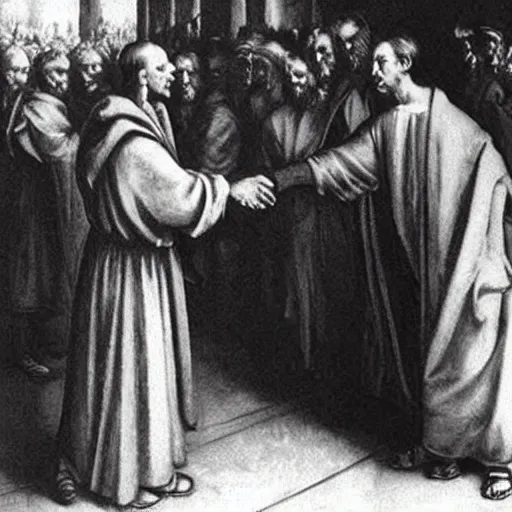 Image similar to hitler handshakes jesus hd, realistic, by da vinci