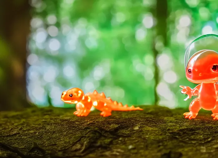 Prompt: photo of a translucent clear chibi style baby dinosaur made out of clear plastic, but has red hypercolor glowing electric energy inside its body, in the forest. fantasy magic style. highly detailed 8 k. intricate. nikon d 8 5 0 3 0 0 mm. award winning photography. design by pixar