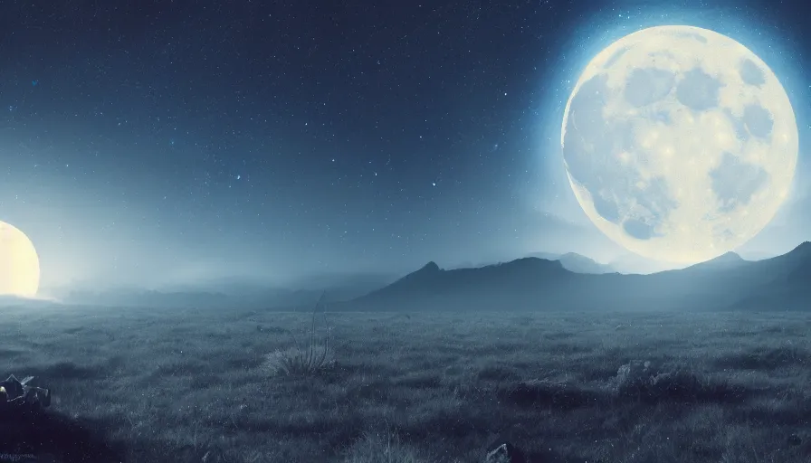 Image similar to a beautiful landscape at night, big moon and stars in the sky, matte painting, dark blue tones, concept art, 4k