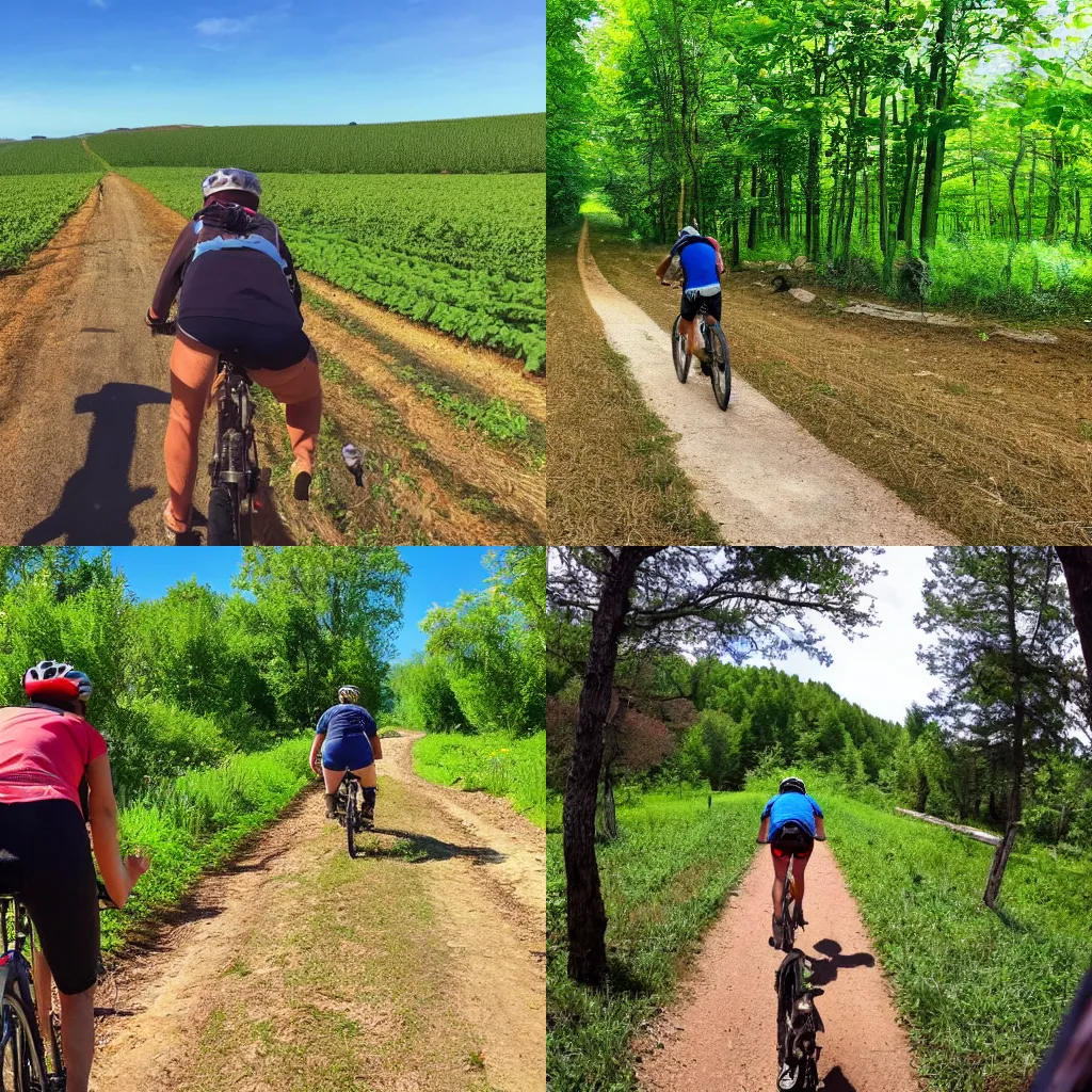 Prompt: first person pov biking through a hiking trail with farms and fields on both sides