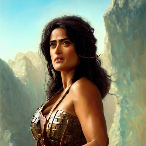 Image similar to a portrait of Salma Hayek as a barbarian, detailed, centered, digital painting, artstation, concept art, donato giancola, Joseph Christian Leyendecker, WLOP, Boris Vallejo, Breathtaking, 8k resolution, extremely detailed, beautiful, establishing shot, artistic, hyperrealistic, beautiful face, octane render