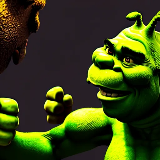 Image similar to boxing standoff between barrack obama and shrek, hyperrealistic picture,, fantasy art, photo realistic, dynamic lighting, artstation, poster, volumetric lighting, very detailed, 8 k, award winning