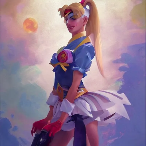 Prompt: greg manchess portrait painting of usagi sailor moon as overwatch character, medium shot, asymmetrical, profile picture, organic painting, sunny day, matte painting, bold shapes, hard edges, street art, trending on artstation, by huang guangjian and gil elvgren and sachin teng