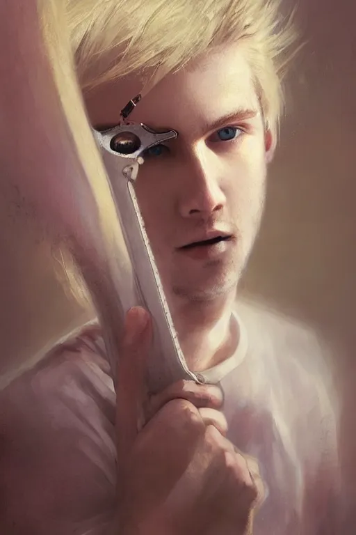 Prompt: blonde wild hair boy playing fender stratocaster, eye - patch, close - up portrait, plain white tshirt, powerfull, intricate, elegant, volumetric lighting, scenery, digital painting, highly detailed, artstation, sharp focus, illustration, concept art, ruan jia, steve mccurry