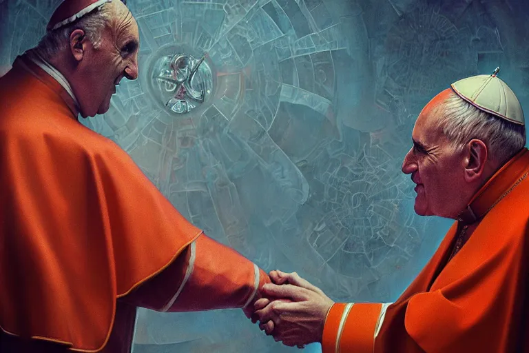 Prompt: the pope shaking hands with the satan in the hell, hyper detailed, orange red blue tones dramatic lighting, cgsociety, realistic, hyper detailed, insane details, intricate, dramatic lighting, hypermaximalist, golden ratio, rule of thirds, octane render, weta digital, micro details, ultra wide angle, artstation trending, 8 k