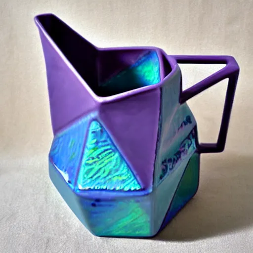 Prompt: geodesic triangle ceramic pitcher with dark floral iridescent glaze, purple