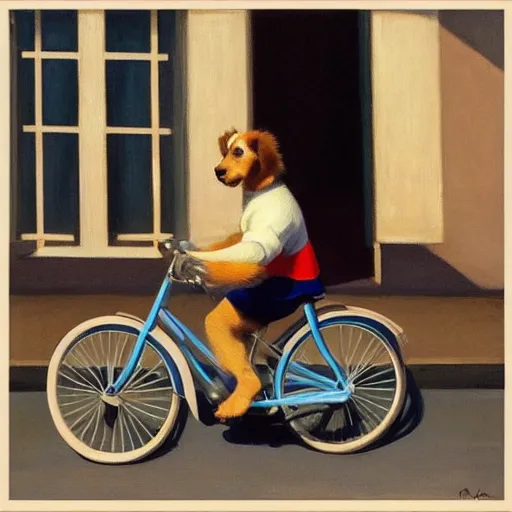 Image similar to young australian shepherd puppy riding a bike in paris. edward hopper. faithfully depicted, sharp focus, global illumination, radiant light, detailed and intricate environment, trending on artstation