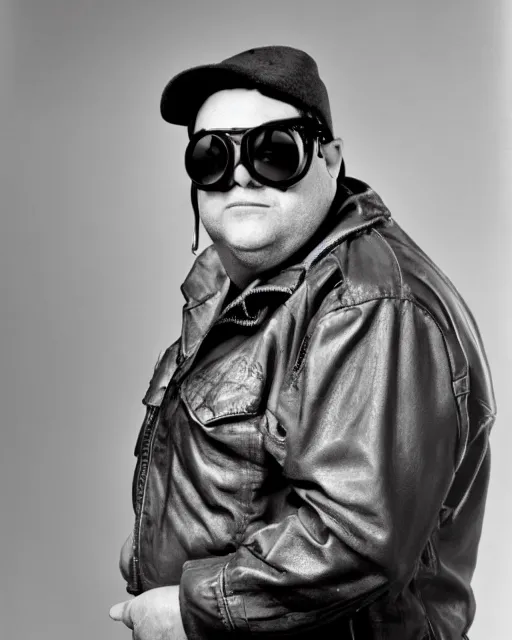 Image similar to headshot of josh mostel wearing a leather cap and aviator goggles, he is also wearing an a 2 flight jacket, a long white scarf is wrapped around his neck, he has a 5 o'clock shadow, a crazed angry look on his face