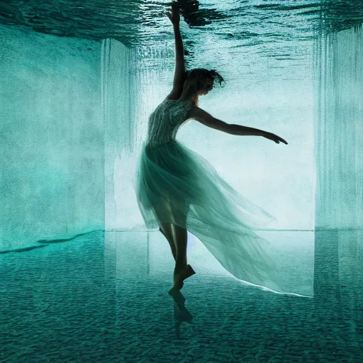 Image similar to woman dancing underwater wearing a dress made of seaweed that is flowing in the current, lighting with caustics from sunlight, cinematic, photorealistic