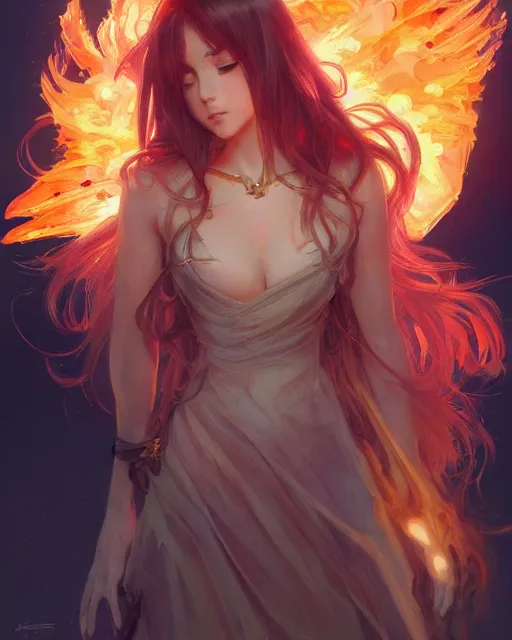 Image similar to beautiful long haired anime girl, fire dress, portrait, flames everywhere, highly detailed, digital painting, artstation, concept art, smooth, sharp focus, illustration, art by artgerm and greg rutkowski and alphonse mucha