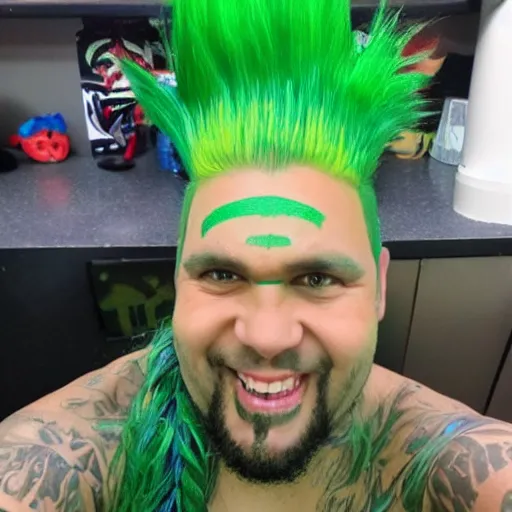 Image similar to photo of chuckchi man with green mohawk hair