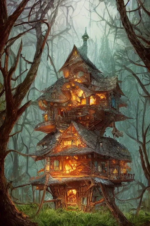 Prompt: a storybook illustration of a ramshackle multistory fairytale hut in the forest, intricate, elegant, fantasy, highly detailed, digital painting, concept art, sharp focus, artstation