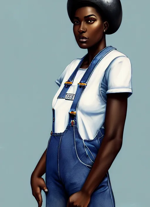 Image similar to full body portrait of beautiful black woman wearing white t - shirt and blue denim overalls, fireman's helmet, intricate, beautiful and elegant, highly detailed, digital painting, artstation, concept art, smooth, sharp focus, illustration, art by wlop, mars ravelo and greg rutkowski