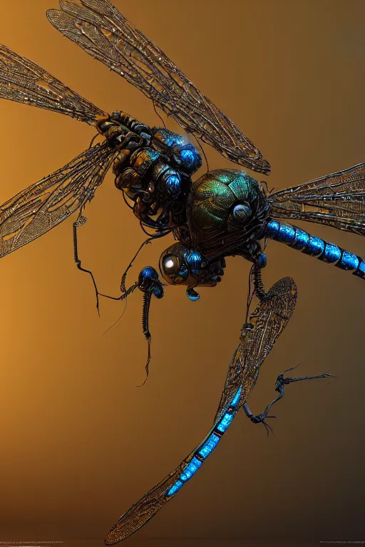 Image similar to a macro photograph of a bio - mech dragonfly made from cables and bio - organic micro organisms and metal parts and led, beautifully lit, by tomasz alen kopera and peter mohrbacher and craig mullins, 3 d, trending on artstation, octane render, 8 k