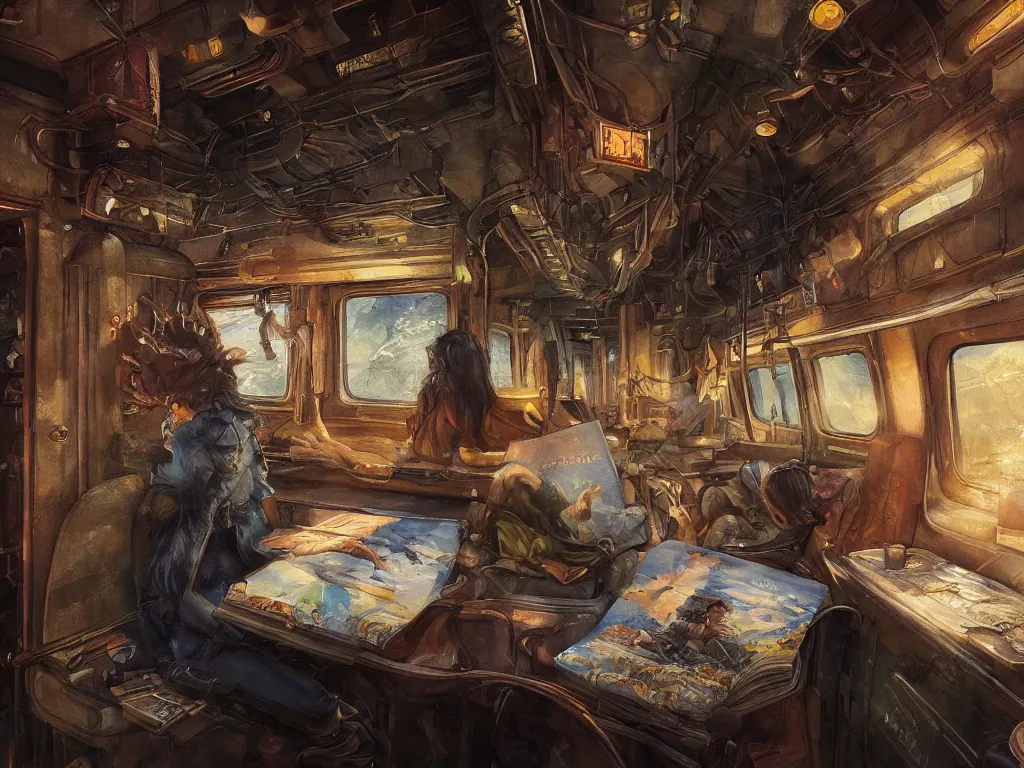 Prompt: detailed painting of a magical book laying open on the seat of a modern train car by Krenz Cushart, fantasy, dramatic light