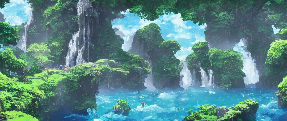 Image similar to a small crumbling island with waterfalls flowing off the island, floating in space, studio ghibli, digital art, detailed, depth of field