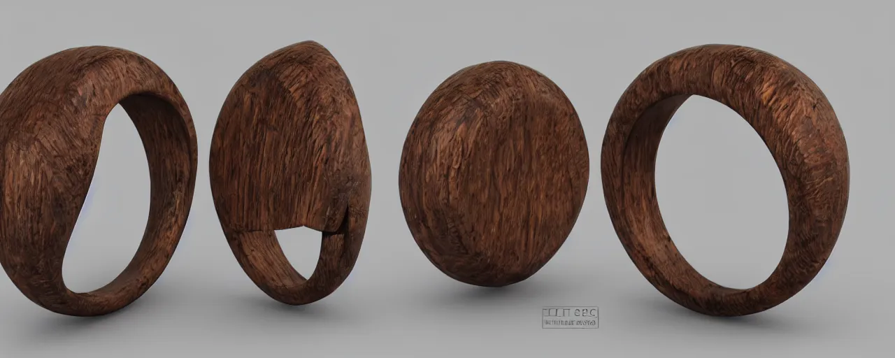 Image similar to simple wooden ring with a shield ornament, ring, wood, steel, tungsten, smooth shank, engravings, product design, jewelry, art by gerald brom, greg rutkowski and artgerm and james jean and zdzisław beksinski, 8 k, unreal engine, c 4 d