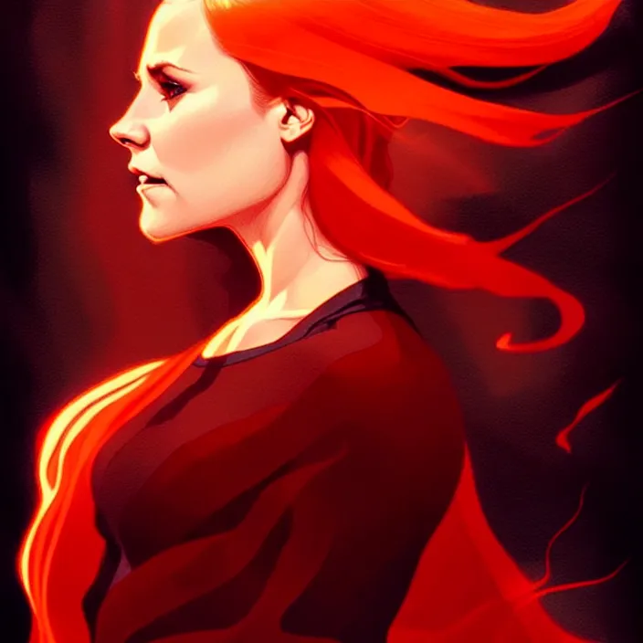 Image similar to style artgerm, joshua middleton, beautiful kristen bell with dark red dress, very long orange hair, symmetrical face, symmetrical eyes, fire powers fire swirling, detailed, volcano setting, cinematic lighting