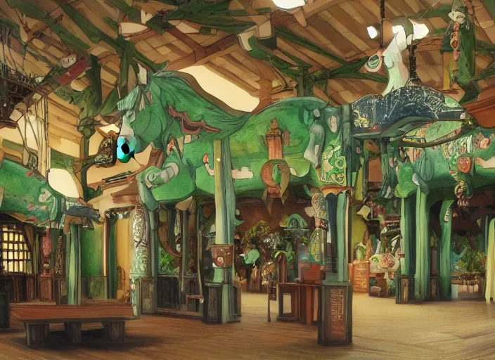 Image similar to main hall with horse statues, green and brown decorations by studio ghibli painting