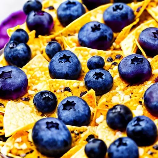 Prompt: nachos with blueberry jelly on top, closeup, professional food photography,