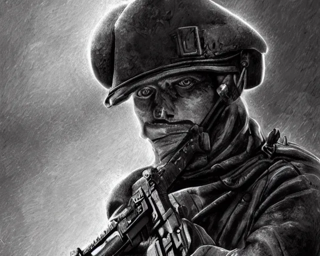 Image similar to A soldier with a hateful face aiming a machine gun towards a cat, world war 1, close-up, realistic face, beautiful face detail, mature facial features, black and white, amazing digital art, hyper detailed, artstation, in the style of Tony Sart