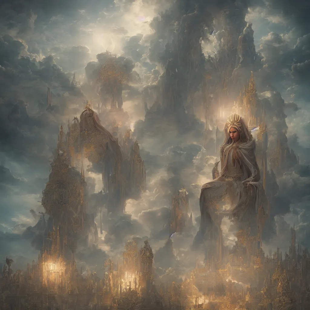 Image similar to the all - beneficent settled on the throne, rossdraws art, tom bagshaw art, heaven lighting, highly detailed, 8 k, octane render