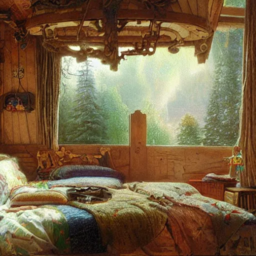 Prompt: Cozy treehouse bedroom, by Ivan Kramskoi and Thomas Kinkade