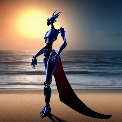 Image similar to full body pose, realistic detailed stunning beautiful anthropomorphic robot female dragoness, doing an elegant pose with hand on hip, looking to the side, sleek streamlined armor and design, sharp claws, sleek head, long tail, standing on two legs, wearing a fabric cloak that blows in the wind from behind, on the beach during sunset, high quality, cinematic art, sunset lighting, artstation, deviantart, furaffinity