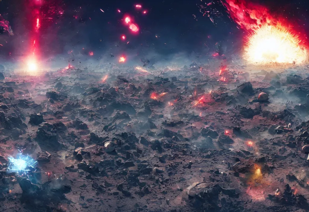 Image similar to fashion editorial in crashing asteroids on earth. gigantic explosions. cities destroyed. wide angle shot. highly detailed. depth of field. high definition. 8k. photography.