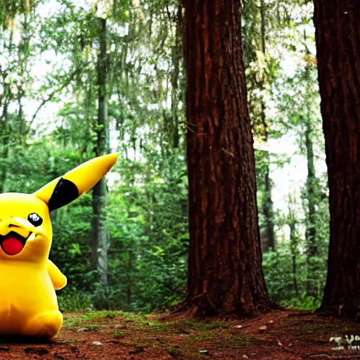 Prompt: Adorable life sized pikachu standing at a distance in the forest. Backlit with rays of sunlight. 35mm.