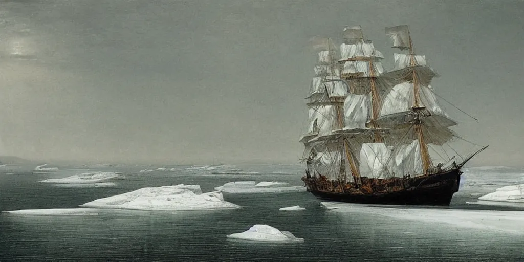 Prompt: “ a single 1 8 0 0 s sail ship is stuck in solid white sea ice, completely frozen sea, no water visible, the uneven and irregular frozen sea is jagged and maze - like, towering ice ridges and seracs, nighttime, stars visible, romanticist oil painting ”