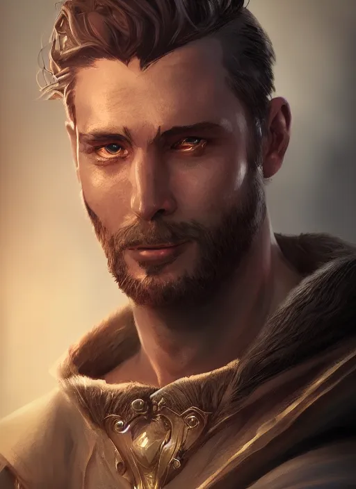 Image similar to A fantasy comic book style portrait painting of a male cleric, unreal 5, DAZ, hyperrealistic, octane render, RPG portrait, dynamic lighting