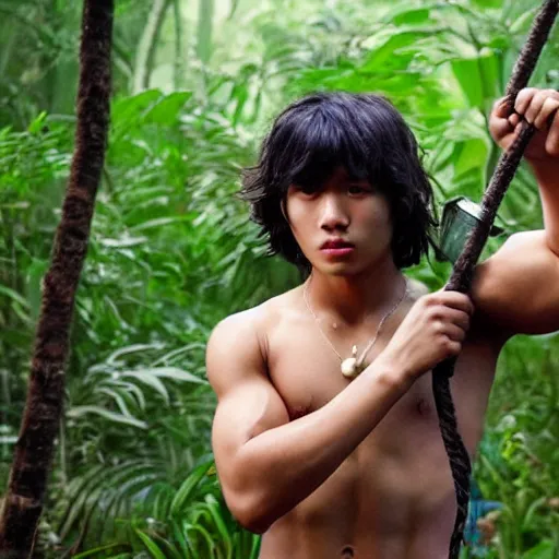 Prompt: jungle book mowgli who is a 2 0 year old korean with large muscles and with long unkempt and slightly curly hair, holding a torch in one hand and an iphone in the other hand, standing in the jungles of jeju island
