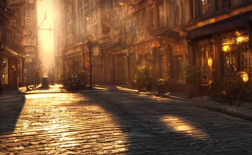 Prompt: photorealistic steampunk city streets. daylight. sunlight. lens flare. light fixtures. 8K. detailed. photorealism. artstation. 25mm f/1.7 ASPH Lens. ultra realistic