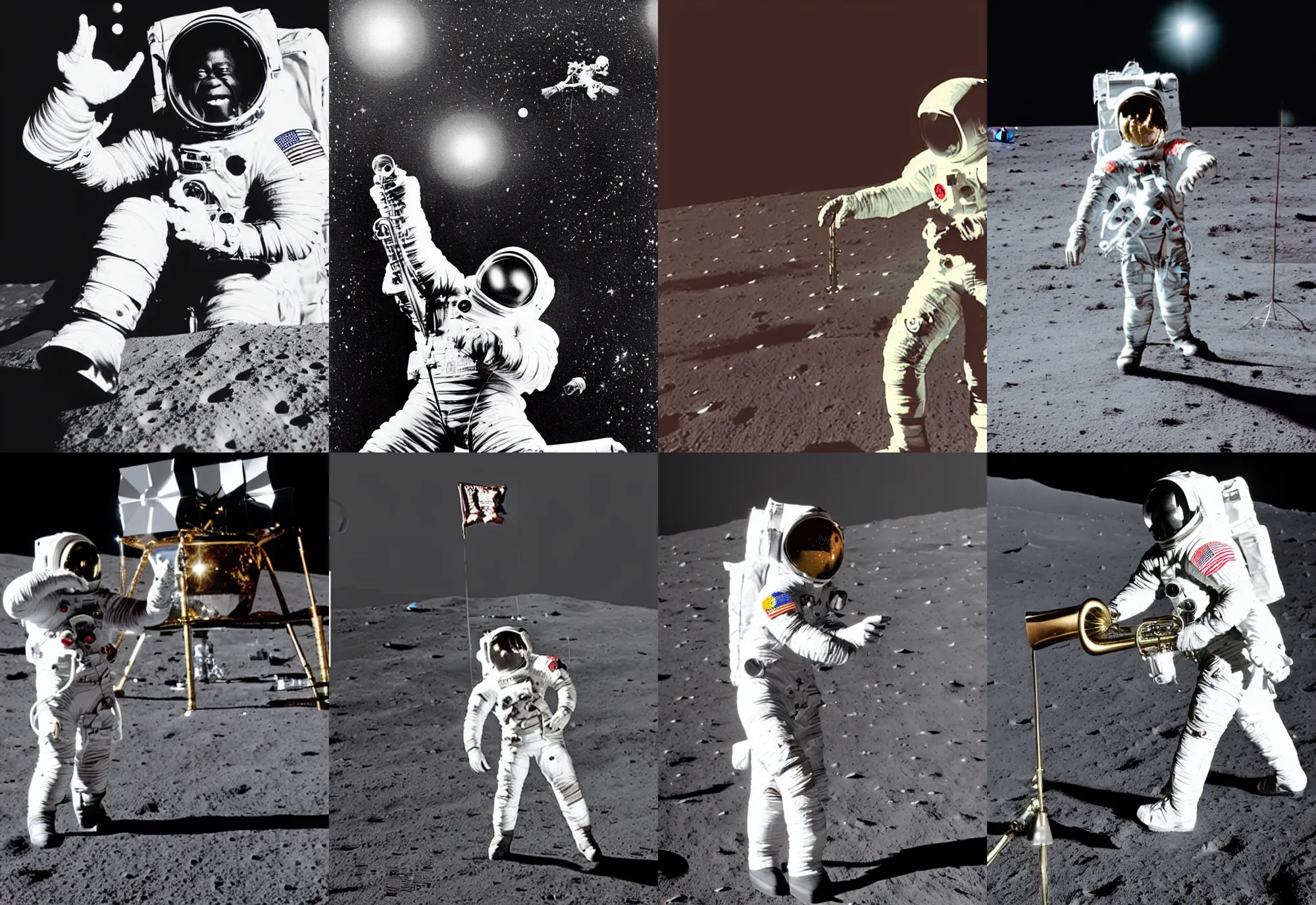 Prompt: a photo of louis armstrong wearing a space suit on the moon, reaching for a trumpet, dramatic lighting, highly detailed